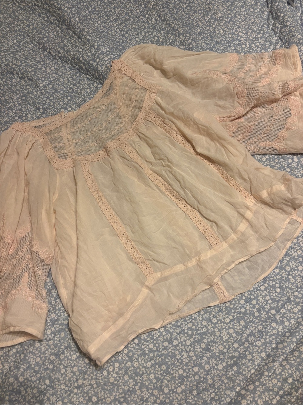 Anthropologie Soft Blush Lace Trim Peasant Top